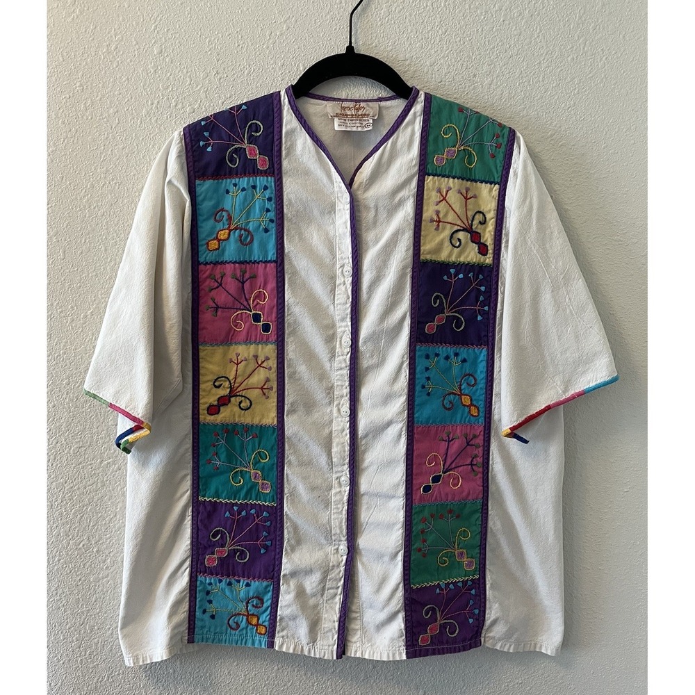 Vintage Irene Pulos Womens Top Med Multicolor Hand Embroidered Blouse Cotton